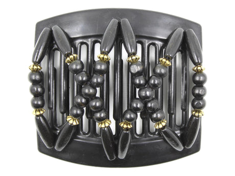 African Butterfly Thick Hair Comb - Beada Black 185 - black wood beads with gold accents, white background