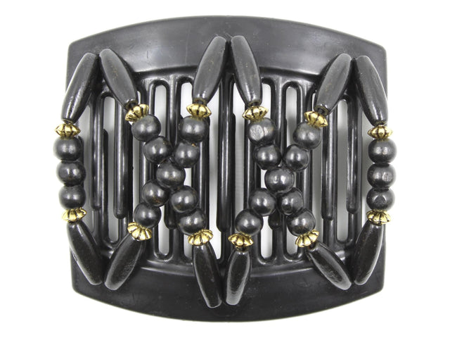 African Butterfly Thick Hair Comb - Beada Black 185 - black wood beads with gold accents, white background