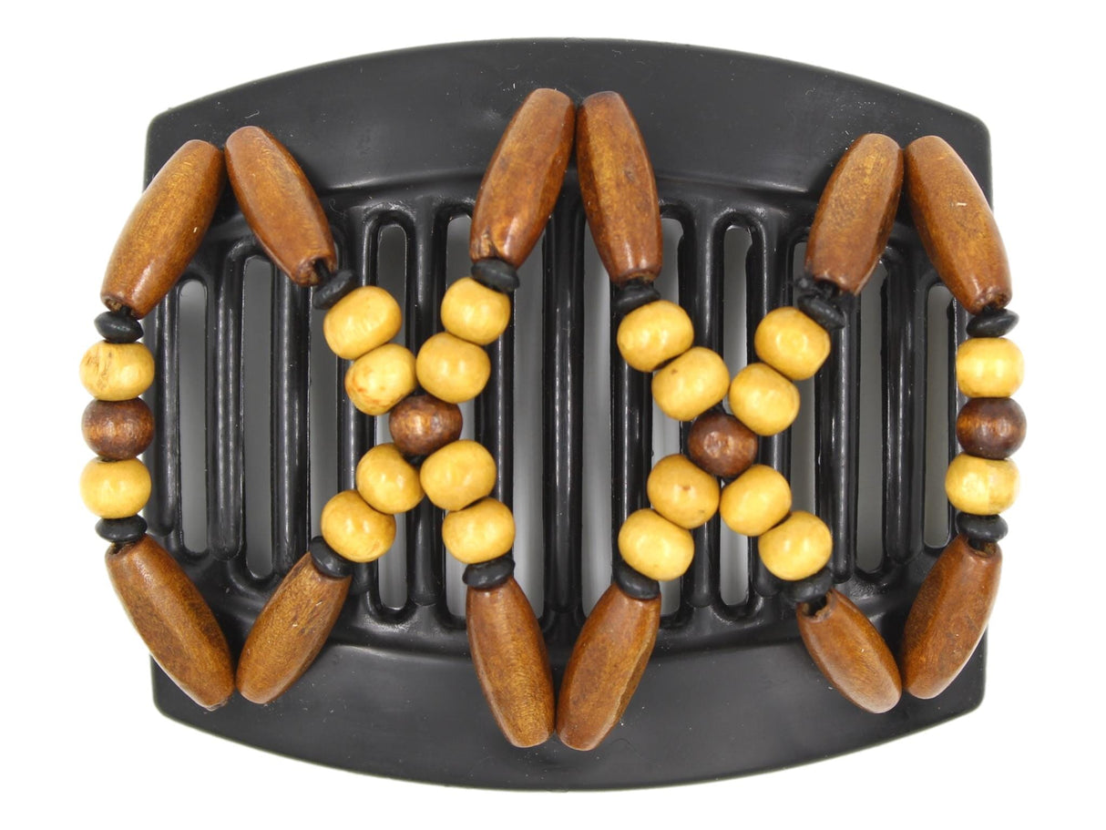 African Butterfly Thick Hair Comb - Beada Black 187 - medium dark brown wood beads, beige wood beads, and small black accent wood beads, white background