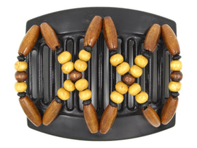 African Butterfly Thick Hair Comb - Beada Black 187 - medium dark brown wood beads, beige wood beads, and small black accent wood beads, white background