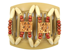 African Butterfly Thick Hair Comb - Dupla Blonde 110 - honey brown Dupla flower beads, red boho wood beads, cream and tan wood beads, white background