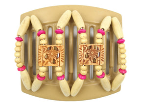 African Butterfly Thick Hair Comb - Dupla Blonde 111 - honey brown Dupla flower beads, blonde wood beads, fuchsia wood beads, white background