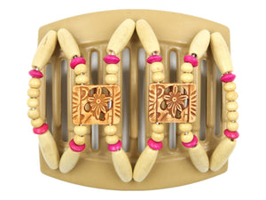 African Butterfly Thick Hair Comb - Dupla Blonde 111 - honey brown Dupla flower beads, blonde wood beads, fuchsia wood beads, white background
