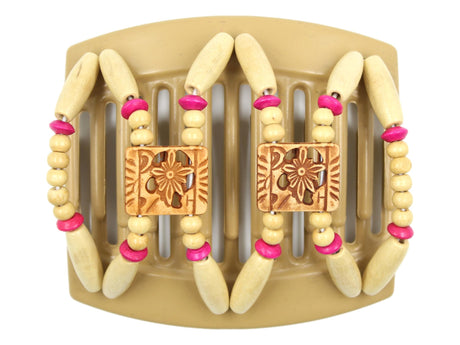 African Butterfly Thick Hair Comb - Dupla Blonde 111 - honey brown Dupla flower beads, blonde wood beads, fuchsia wood beads, white background