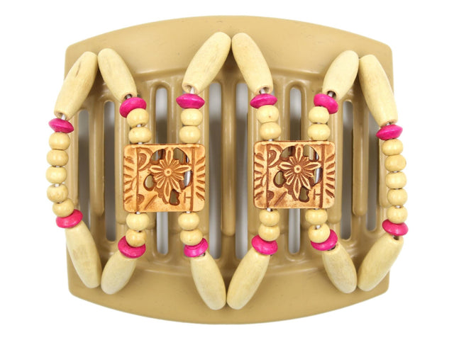 African Butterfly Thick Hair Comb - Dupla Blonde 111 - honey brown Dupla flower beads, blonde wood beads, fuchsia wood beads, white background