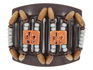 African Butterfly Dupla Brown Hair Comb 169 - burnt sienna, gray wood, brown wood beads, white background