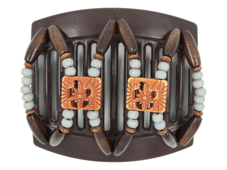 African Butterfly Dupla Brown Hair Comb 170 - burnt sienna, gray wood, dark brown beads, white background
