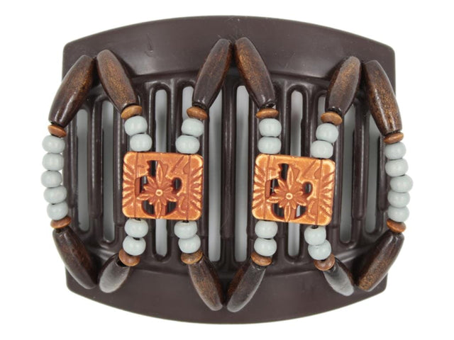 African Butterfly Dupla Brown Hair Comb 170 - burnt sienna, gray wood, dark brown beads, white background