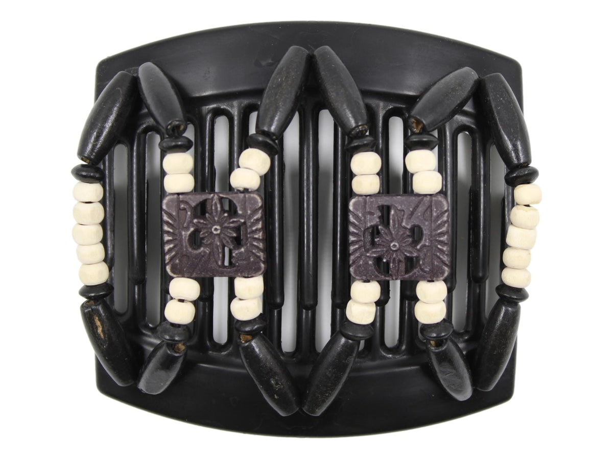 African Butterfly Thick Hair Comb - Dupla Black 162 - carved black floral beads, painted off-white wood beads, black wood beads, white background