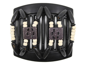 African Butterfly Thick Hair Comb - Dupla Black 162 - carved black floral beads, painted off-white wood beads, black wood beads, white background