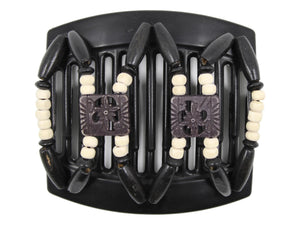 African Butterfly Thick Hair Comb - Dupla Black 162 - carved black floral beads, painted off-white wood beads, black wood beads, white background