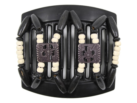African Butterfly Thick Hair Comb - Dupla Black 162 - carved black floral beads, painted off-white wood beads, black wood beads, white background