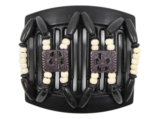 African Butterfly Thick Hair Comb - Dupla Black 162 - carved black floral beads, painted off-white wood beads, black wood beads, white background