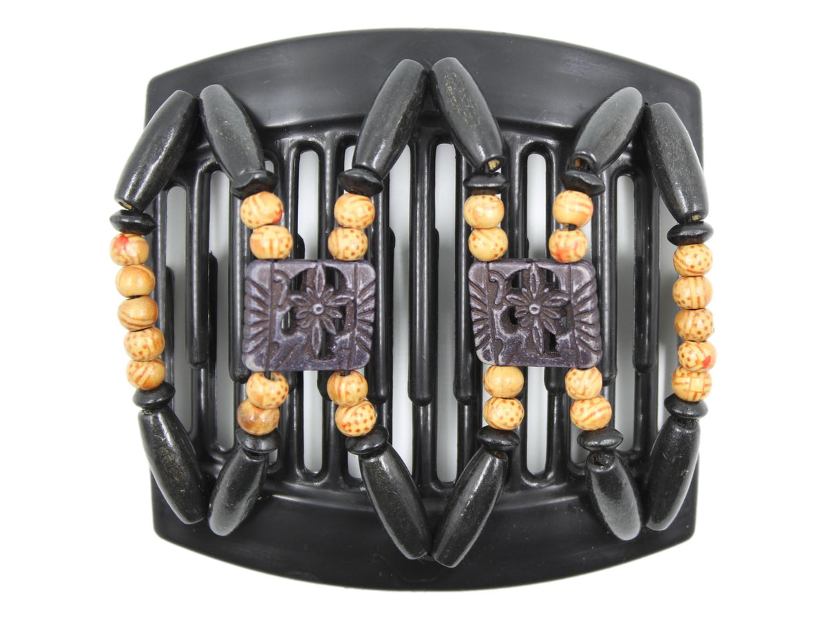 African Butterfly Thick Hair Comb - Dupla Black 163 - soft carved black floral beads, printed boho wood beads, black wood beads, white background