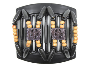African Butterfly Thick Hair Comb - Dupla Black 163 - soft carved black floral beads, printed boho wood beads, black wood beads, white background