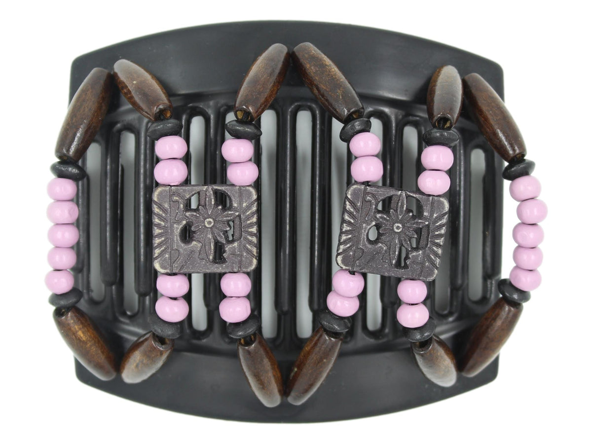 African Butterfly Thick Hair Comb - Dupla Black 164 - soft black floral beads, boysenberry wood beads, black wood accent beads, dark brown wood beads, white background
