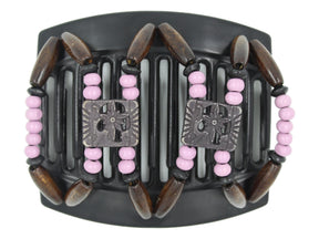 African Butterfly Thick Hair Comb - Dupla Black 164 - soft black floral beads, boysenberry wood beads, black wood accent beads, dark brown wood beads, white background
