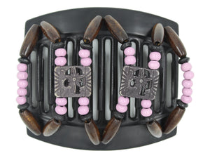 African Butterfly Thick Hair Comb - Dupla Black 164 - soft black floral beads, boysenberry wood beads, black wood accent beads, dark brown wood beads, white background