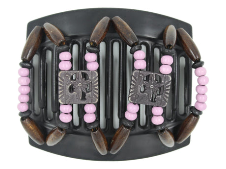African Butterfly Thick Hair Comb - Dupla Black 164 - soft black floral beads, boysenberry wood beads, black wood accent beads, dark brown wood beads, white background