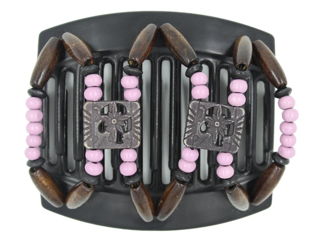 African Butterfly Thick Hair Comb - Dupla Black 164 - soft black floral beads, boysenberry wood beads, black wood accent beads, dark brown wood beads, white background