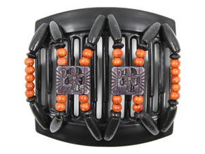 African Butterfly Thick Hair Comb - Dupla Black 165 - soft carved black floral beads, dark orange boho wood beads, black wood beads, white background