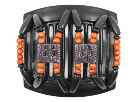 African Butterfly Thick Hair Comb - Dupla Black 165 - soft carved black floral beads, dark orange boho wood beads, black wood beads, white background
