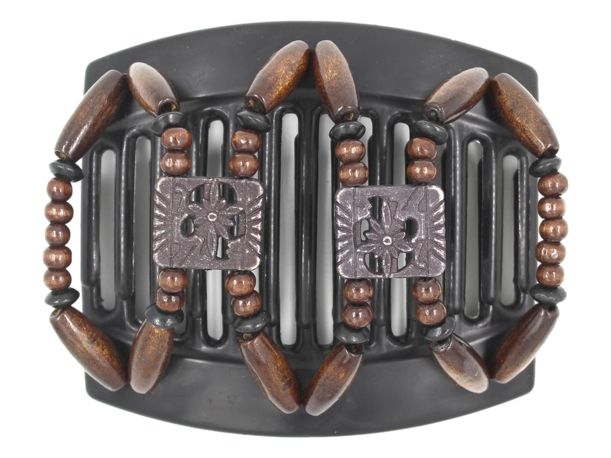 African Butterfly Thick Hair Comb - Dupla Black 166 - soft black carved floral beads, dark brown wood beads, black wood accent beads, white background