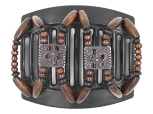 African Butterfly Thick Hair Comb - Dupla Black 166 - soft black carved floral beads, dark brown wood beads, black wood accent beads, white background