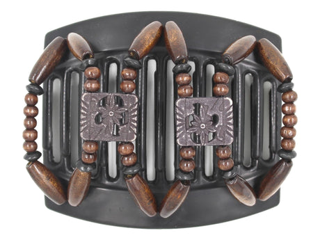 African Butterfly Thick Hair Comb - Dupla Black 166 - soft black carved floral beads, dark brown wood beads, black wood accent beads, white background
