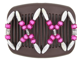 African Butterfly Dalena Brown Hair Comb 159 - silver and black center beads, fuchsia, silver beads, white background