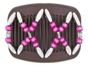 African Butterfly Dalena Brown Hair Comb 159 - silver and black center beads, fuchsia, silver beads, white background