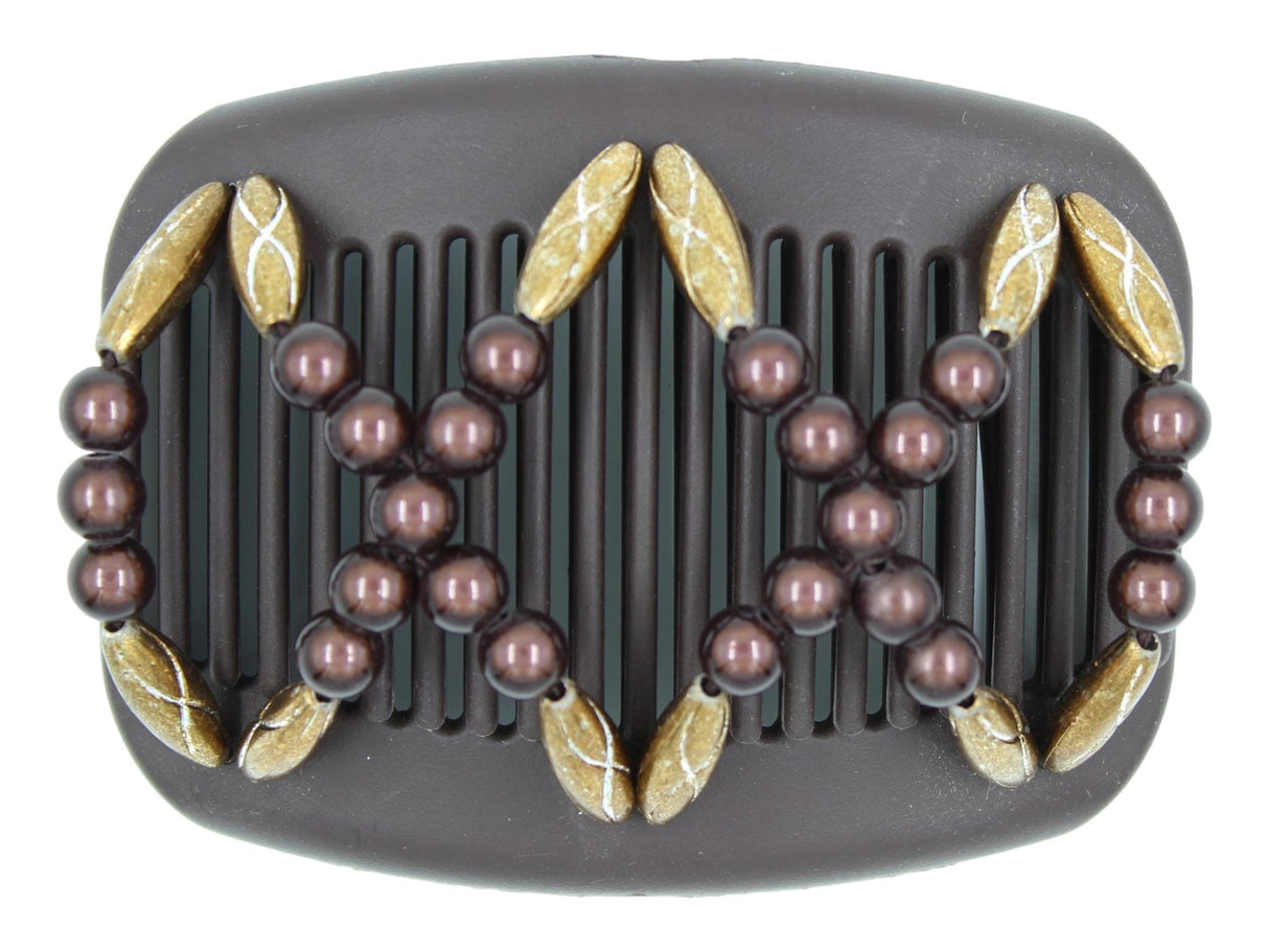 African Butterfly Dalena Brown Hair Comb 160 - chocolate brown magic beads, copper beads, white background