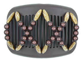 African Butterfly Dalena Brown Hair Comb 160 - chocolate brown magic beads, copper beads, white background