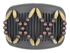 African Butterfly Dalena Brown Hair Comb 160 - chocolate brown magic beads, copper beads, white background