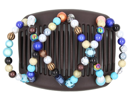 African Butterfly Dalena Brown Hair Comb 161 - Dark blue, turquoise, silver, gold, brown, rainbow, and magic beads, white background