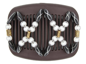African Butterfly Dalena Brown Hair Comb 162 - black with silver, luminous white beads, antique gold etched barrel beads, white background
