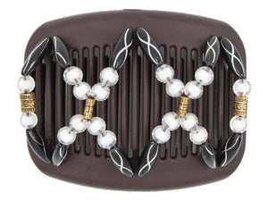 African Butterfly Dalena Brown Hair Comb 162 - black with silver, luminous white beads, antique gold etched barrel beads, white background