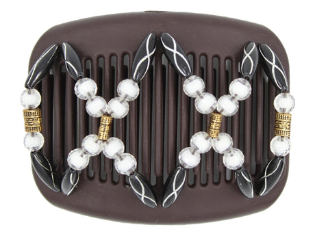 African Butterfly Dalena Brown Hair Comb 162 - black with silver, luminous white beads, antique gold etched barrel beads, white background
