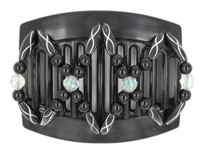 African Butterfly Dalena Black Hair Comb 148 - aurora borealis, solid black & black and silver etched beads, white background
