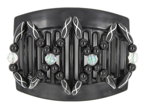 African Butterfly Dalena Black Hair Comb 148 - aurora borealis, solid black & black and silver etched beads, white background