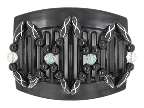 African Butterfly Dalena Black Hair Comb 148 - aurora borealis, solid black & black and silver etched beads, white background