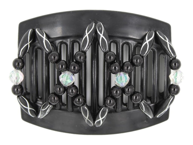 African Butterfly Dalena Black Hair Comb 148 - aurora borealis, solid black & black and silver etched beads, white background