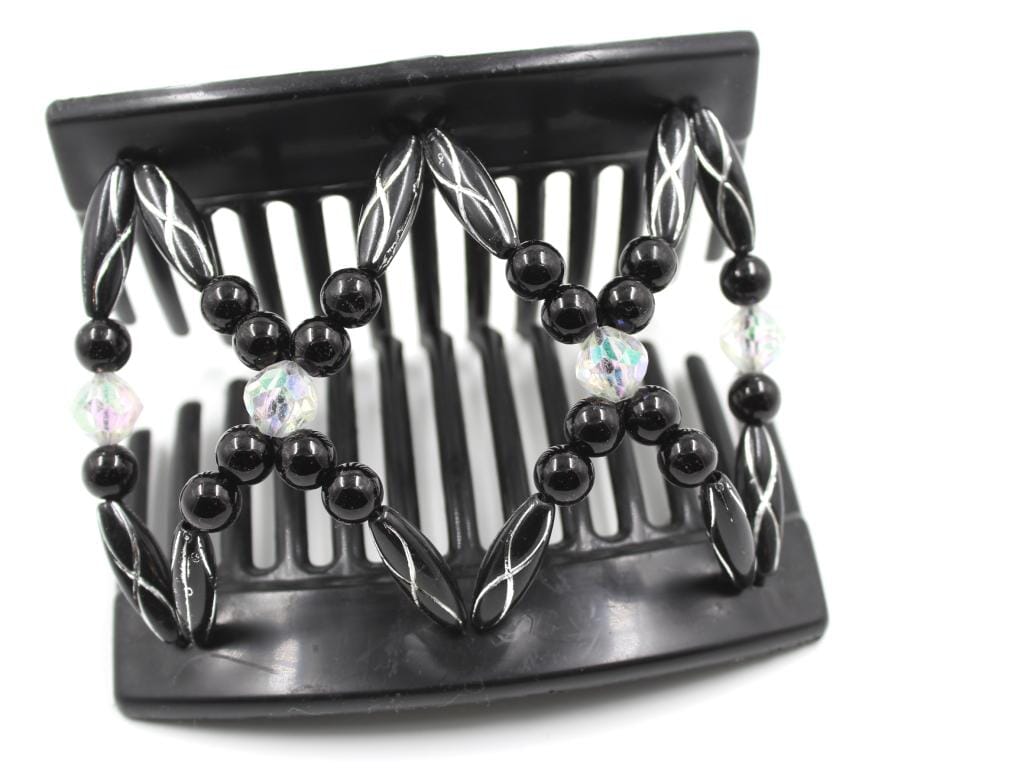 African Butterfly Dalena Black Hair Comb 148 - aurora borealis, solid black & black and silver etched beads, shown open, white background
