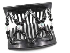 African Butterfly Dalena Black Hair Comb 148 - aurora borealis, solid black & black and silver etched beads, shown open, white background