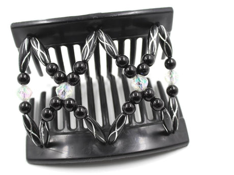 African Butterfly Dalena Black Hair Comb 148 - aurora borealis, solid black & black and silver etched beads, shown open, white background