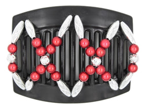 African Butterfly Dalena Black Hair Comb 149 - cranberry red magic, silver, silver rose beads, white background