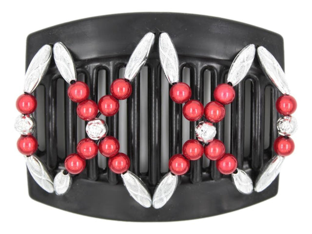 African Butterfly Dalena Black Hair Comb 149 - cranberry red magic, silver, silver rose beads, white background