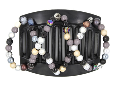 African Butterfly Dalena Black Hair Comb 150 - black, gray, gold, white beads, white background