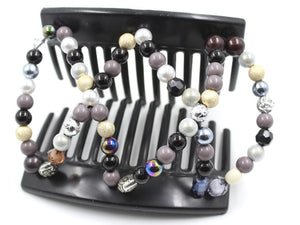 African Butterfly Dalena Black Hair Comb 150 - black, gray, gold, white beads, shown open, white background