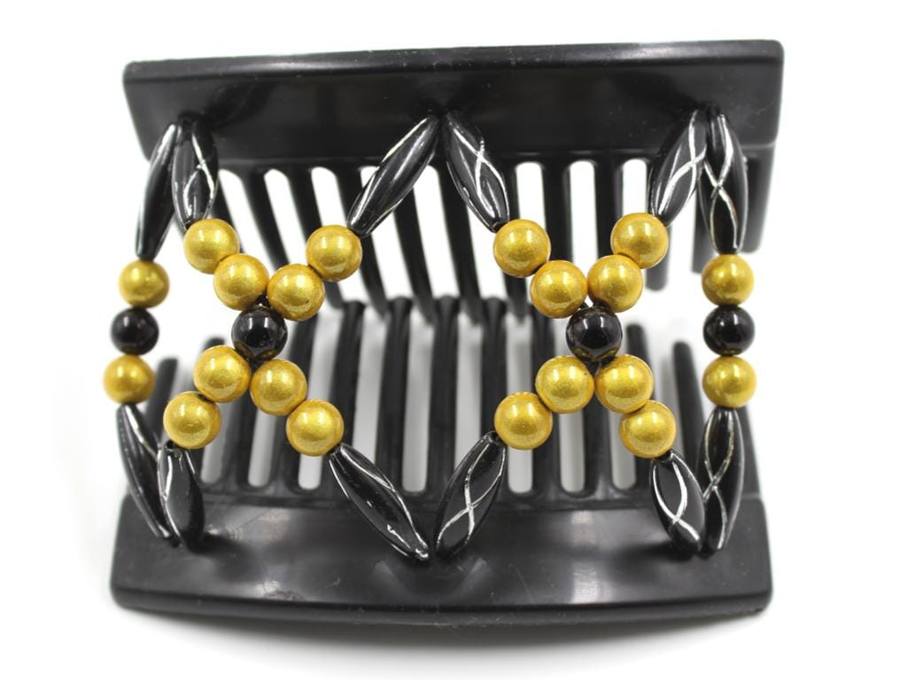 African Butterfly Dalena Black Hair Comb 151 - black, marigold magic beads, black with silver etched beads, shown open, white background